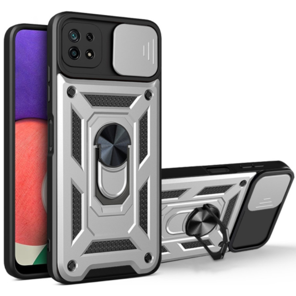 Bodycell Armor Slide - Ανθεκτική Θήκη Samsung Galaxy A22 5G με Κάλυμμα για την Κάμερα & Μεταλλικό Ring Holder - Silver (5206015014284)
