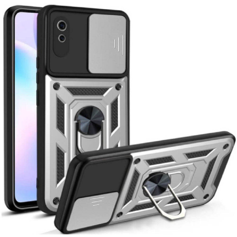Bodycell Armor Slide - Ανθεκτική Θήκη Xiaomi Redmi 9Α / 9AT / 9i με Κάλυμμα για την Κάμερα & Μεταλλικό Ring Holder - Silver (5206015015212)
