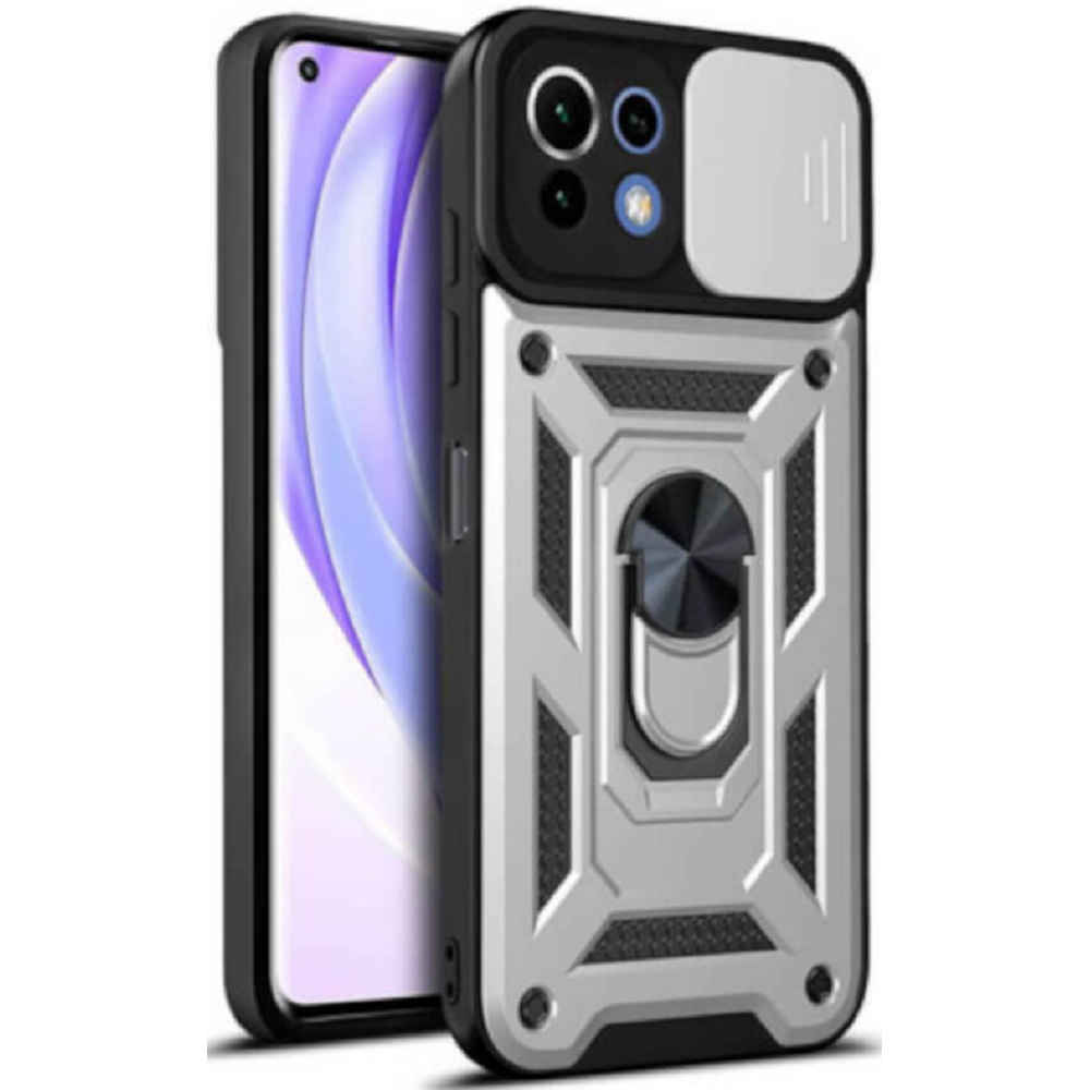 Bodycell Armor Slide - Ανθεκτική Θήκη Xiaomi Mi 11 Lite με Κάλυμμα για την Κάμερα & Μεταλλικό Ring Holder - Silver (5206015014758)