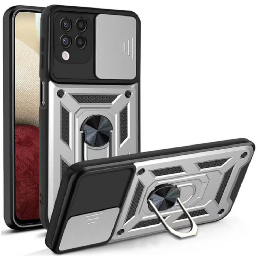 Bodycell Armor Slide - Ανθεκτική Θήκη Samsung Galaxy A22 4G με Κάλυμμα για την Κάμερα & Μεταλλικό Ring Holder - Silver (5206015014215)