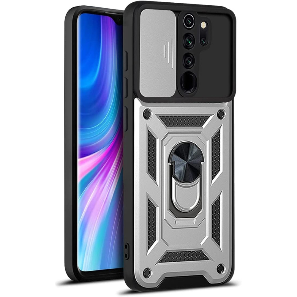 Bodycell Armor Slide - Ανθεκτική Θήκη Xiaomi Redmi Note 8 Pro με Κάλυμμα για την Κάμερα & Μεταλλικό Ring Holder - Silver (5206015014864)