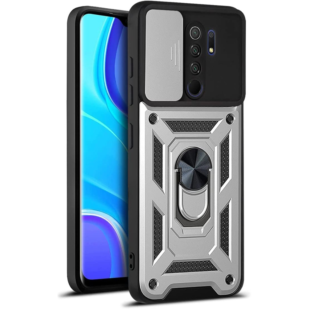 Bodycell Armor Slide - Ανθεκτική Θήκη Xiaomi Redmi 9 με Κάλυμμα για την Κάμερα & Μεταλλικό Ring Holder - Silver (5206015015205)