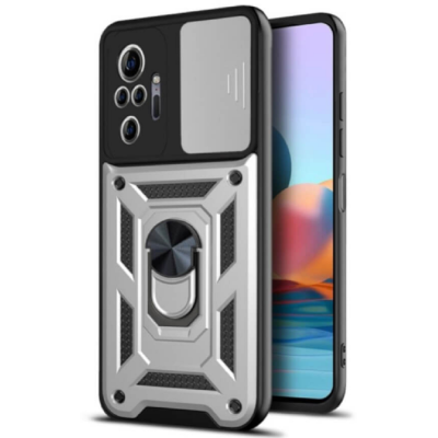 Bodycell Armor Slide - Ανθεκτική Θήκη Xiaomi Redmi Note 10 Pro με Κάλυμμα για την Κάμερα & Μεταλλικό Ring Holder - Silver (5206015014789)