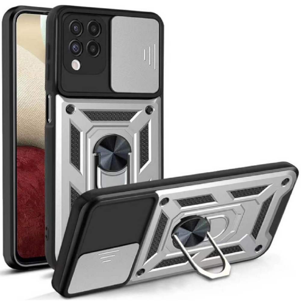 Bodycell Armor Slide - Ανθεκτική Θήκη Samsung Galaxy A12 με Κάλυμμα για την Κάμερα & Μεταλλικό Ring Holder - Silver (5206015014093)