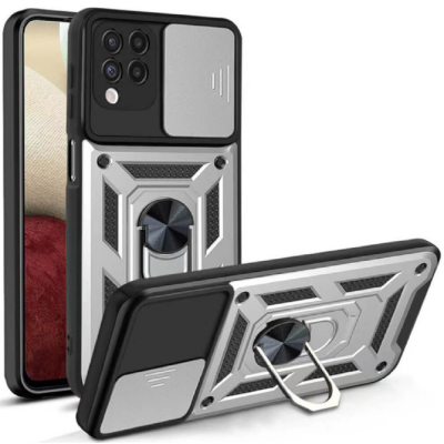 Bodycell Armor Slide - Ανθεκτική Θήκη Samsung Galaxy A12 με Κάλυμμα για την Κάμερα & Μεταλλικό Ring Holder - Silver (5206015014093)