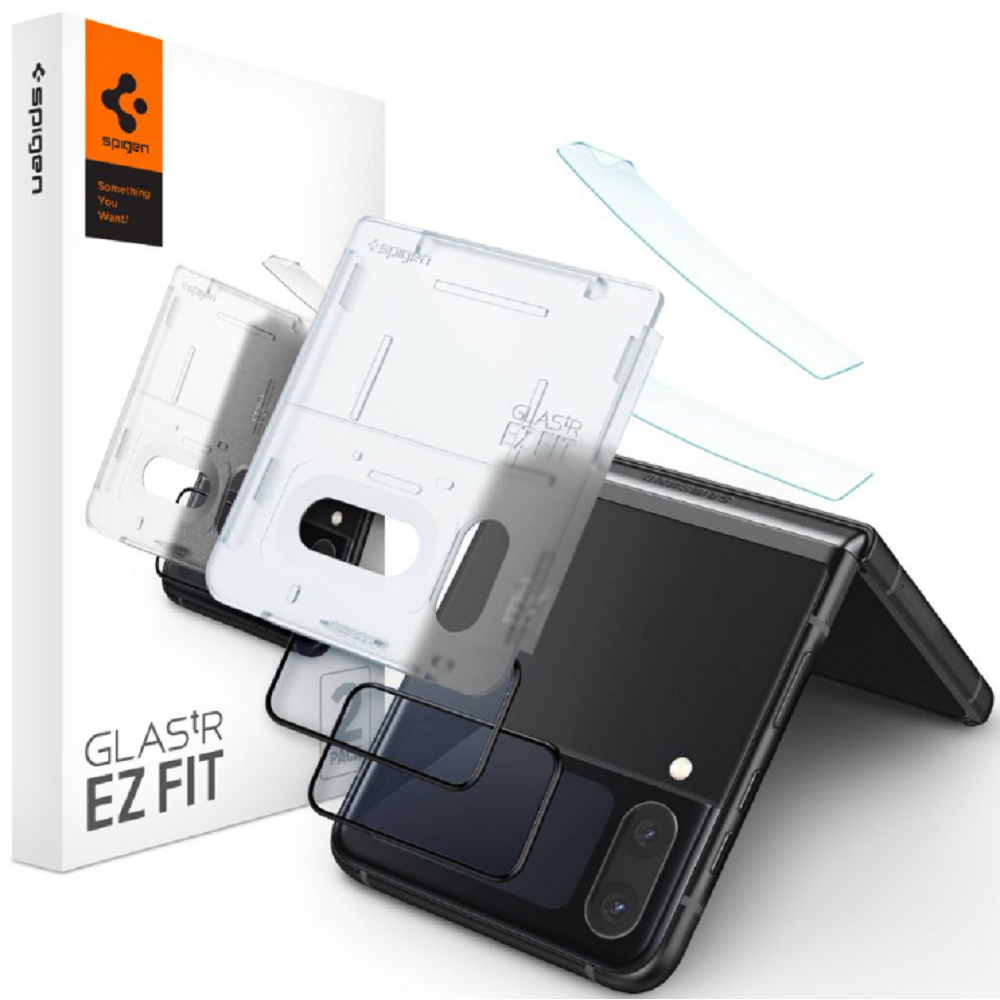 Spigen Tempered Glass GLAS.tR EZ Fit - Σετ FullFace Αντιχαρακτικό Γυαλί Εξωτερικής Μικρής Οθόνης & Μεμβράνη Μεντεσέ Hinge - Samsung Galaxy Z Flip4 - 2 Τεμάχια - Black (AGL05321)