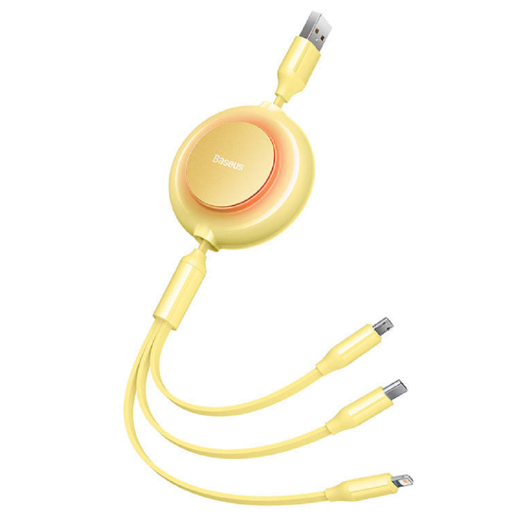Baseus 3 in 1 Bright Mirror II Retractable - Flat Επεκτεινόμενο Καλώδιο Φόρτισης και Μεταφοράς Δεδομένων USB-A σε Lightning / Type-C / MicroUSB - 110cm - Yellow (CAMJ010011)