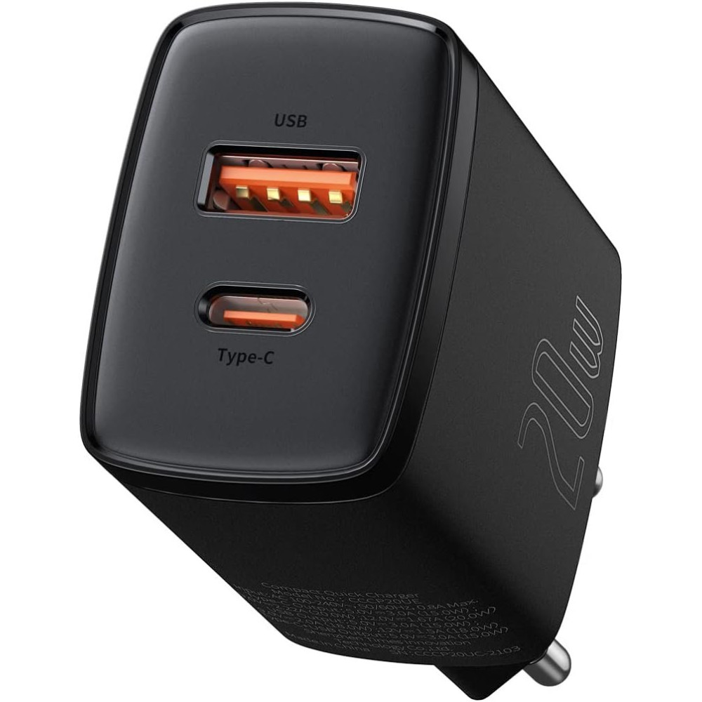 Φορτιστής Baseus Compact Quick Charger Γρήγορος Ταξιδιού με 1 x USB-A / 1 x Type-C 20W - Black (CCXJ-B01)