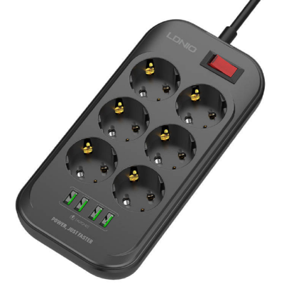 Ldnio Πολύπριζο με 6 Υποδοχές 2500W με Διακόπτη & Καλώδιο 200cm - 4 x USB-A - 17W - Black (SE6403)