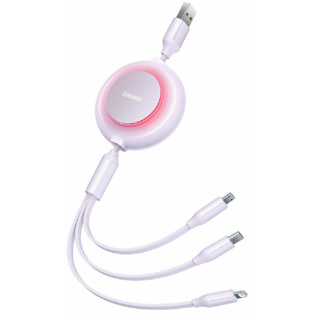 Baseus 3 in 1 Bright Mirror II Retractable - Flat Επεκτεινόμενο Καλώδιο Φόρτισης και Μεταφοράς Δεδομένων USB-A σε Lightning / Type-C / MicroUSB - 110cm - Purple (CAMJ010005)