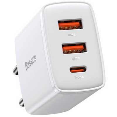 Baseus Compact Quick Charger - Φορτιστής Ταξιδιού με 2 x USB-A / 1 x Type-C - 30W - White (CCXJ-E02)