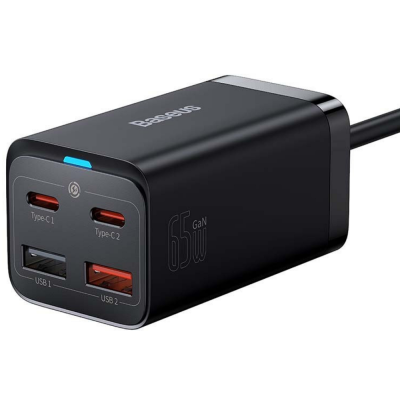 Baseus GaN 3Pro Desktop Fast Charger - Ταχυφορτιστής Tοίχου με Αποσπώμενο Καλώδιο Type-C και Υποδοχές 2 x USB-A / 2 x Type-C - 65W - Black (CCGP040101)