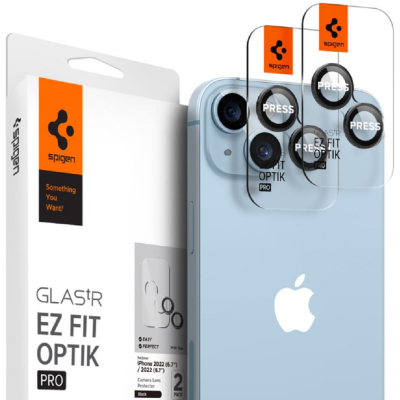 Spigen GLAS.tR EZ Fit OPTIK Pro Camera Lens Protector - Αντιχαρακτικό Προστατευτικό Γυαλί για Φακό Κάμερας Apple iPhone 15 / 15 Plus / 14 / 14 Plus - 2 Τεμάχια - Black (AGL05213)