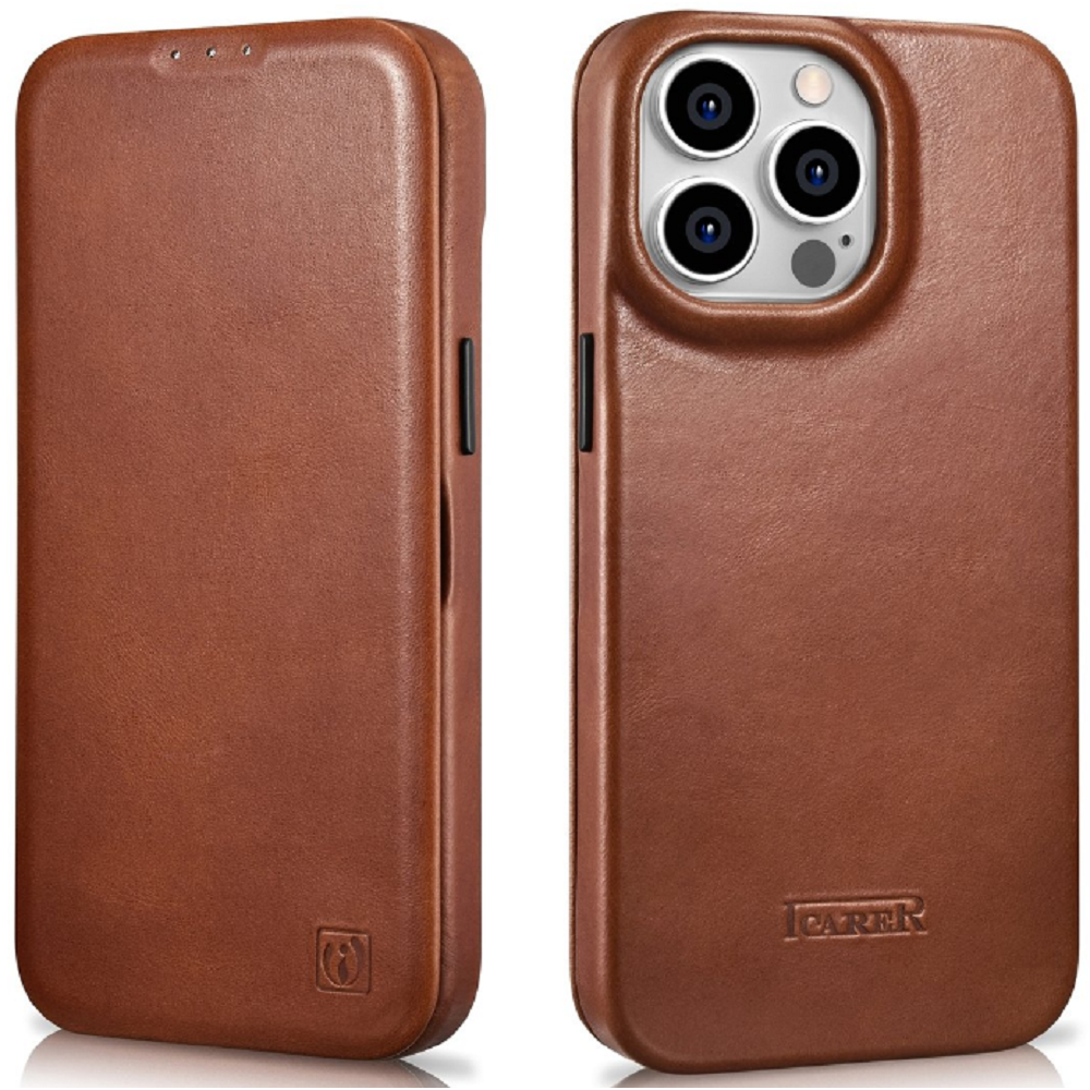 iCarer Curved Edge Oil Wax Leather Folio - Δερμάτινη MagSafe Flip Θήκη-Πορτοφόλι - Apple iPhone 14 Pro - Brown (AKI14220706-BN)