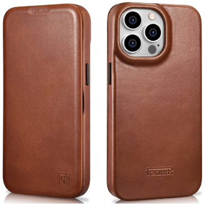 iCarer Curved Edge Oil Wax Leather Folio - Δερμάτινη MagSafe Flip Θήκη-Πορτοφόλι - Apple iPhone 14 Pro - Brown (AKI14220706-BN)
