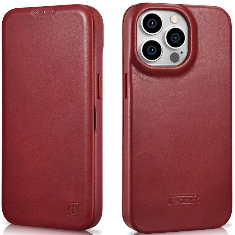 iCarer Curved Edge Oil Wax Leather Folio - Δερμάτινη MagSafe Flip Θήκη-Πορτοφόλι - Apple iPhone 14 Pro Max - Red (AKI14220708-RD)