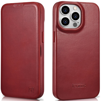 iCarer Curved Edge Oil Wax Leather Folio - Δερμάτινη MagSafe Flip Θήκη-Πορτοφόλι - Apple iPhone 14 Pro Max - Red (AKI14220708-RD)