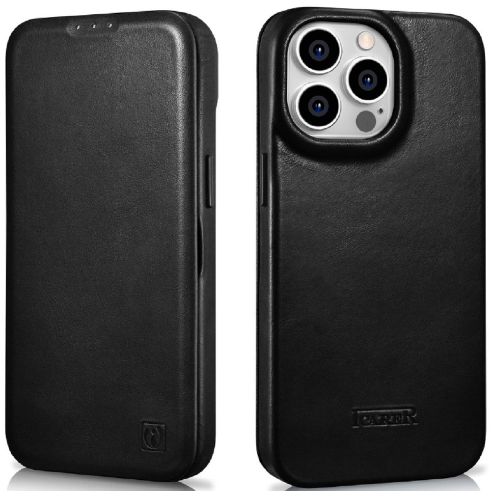 iCarer Curved Edge Oil Wax Leather Folio - Δερμάτινη MagSafe Flip Θήκη-Πορτοφόλι - Apple iPhone 14 Pro Max - Black (AKI14220708-BK)