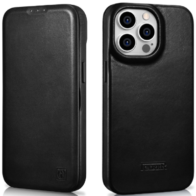 iCarer Curved Edge Oil Wax Leather Folio - Δερμάτινη MagSafe Flip Θήκη-Πορτοφόλι - Apple iPhone 14 Pro Max - Black (AKI14220708-BK)