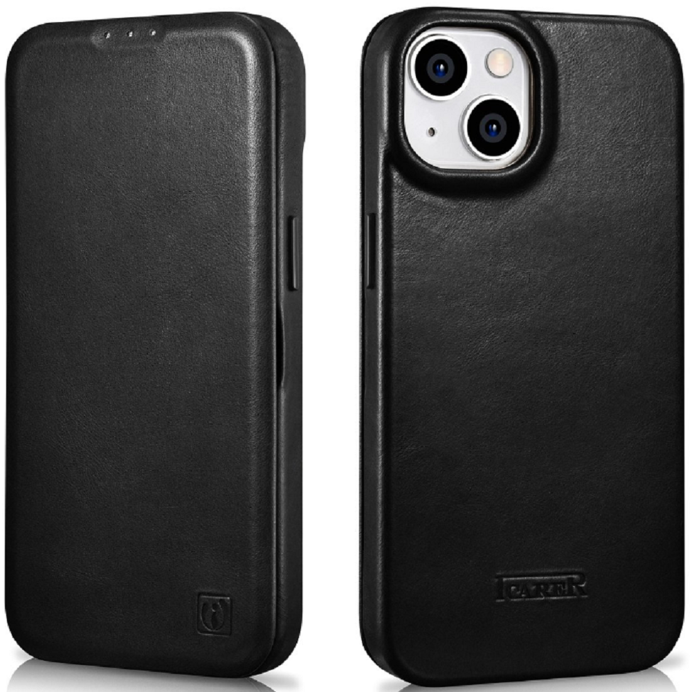 iCarer Curved Edge Oil Wax Leather Folio - Δερμάτινη MagSafe Flip Θήκη-Πορτοφόλι - Apple iPhone 14 Plus - Black (AKI14220707-BK)