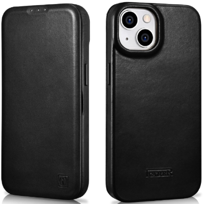 iCarer Curved Edge Oil Wax Leather Folio - Δερμάτινη MagSafe Flip Θήκη-Πορτοφόλι - Apple iPhone 14 Plus - Black (AKI14220707-BK)