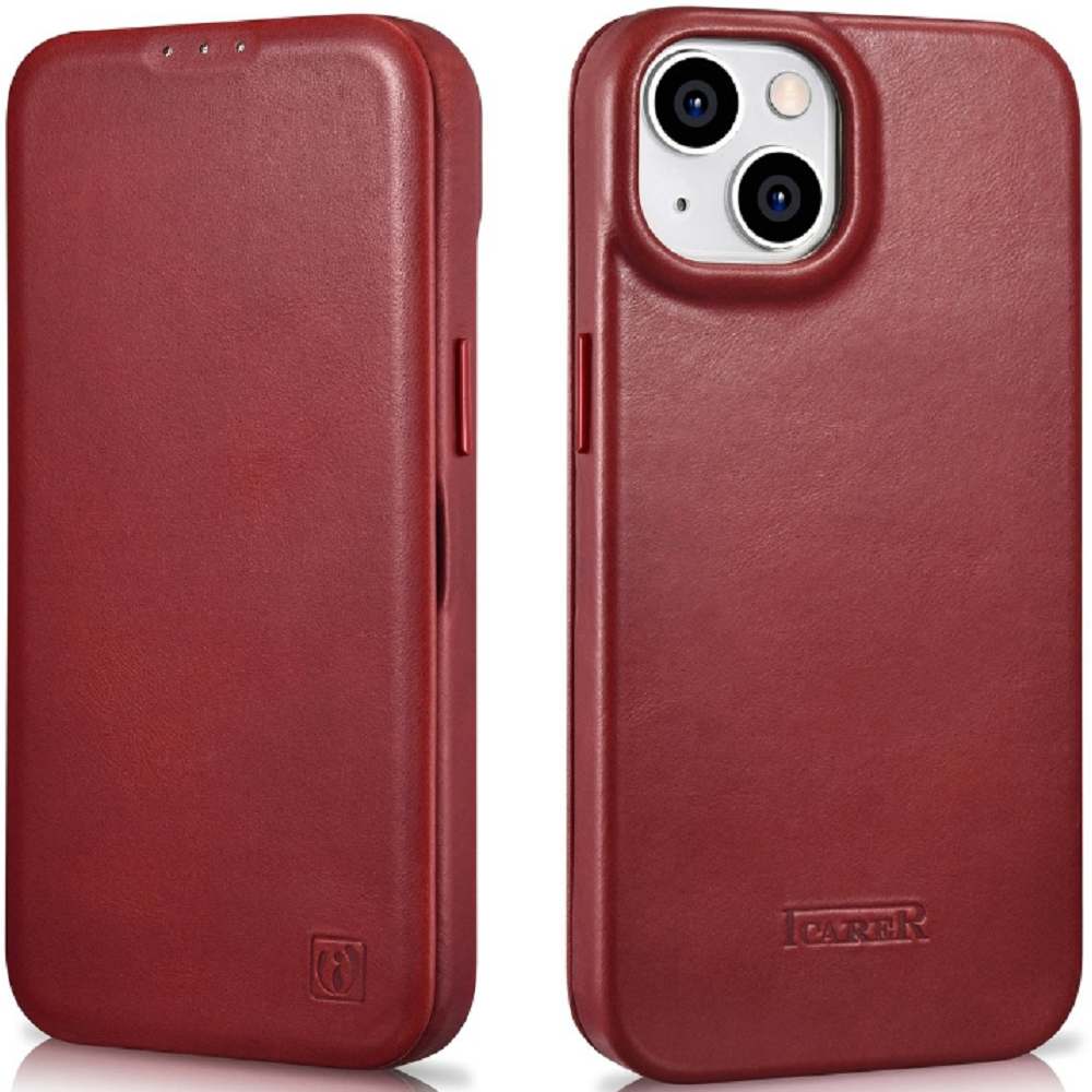 iCarer Curved Edge Oil Wax Leather Folio - Δερμάτινη MagSafe Flip Θήκη-Πορτοφόλι - Apple iPhone 14 Plus - Red (AKI14220707-RD)