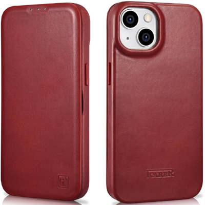 iCarer Curved Edge Oil Wax Leather Folio - Δερμάτινη MagSafe Flip Θήκη-Πορτοφόλι - Apple iPhone 14 Plus - Red (AKI14220707-RD)
