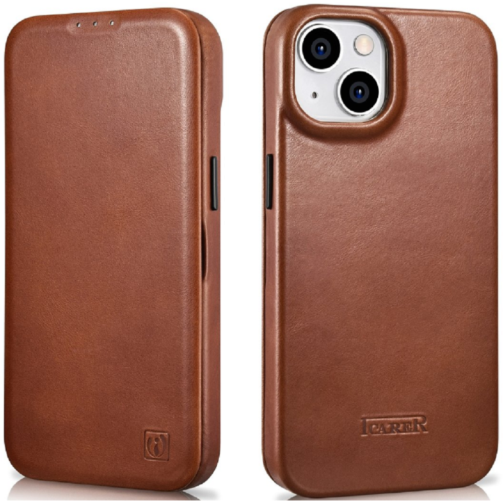 iCarer Curved Edge Oil Wax Leather Folio - Δερμάτινη MagSafe Flip Θήκη-Πορτοφόλι - Apple iPhone 14 Plus - Brown (AKI14220707-BN)