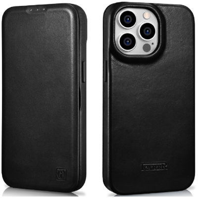 iCarer Curved Edge Oil Wax Leather Folio - Δερμάτινη MagSafe Flip Θήκη-Πορτοφόλι - Apple iPhone 14 Pro - Black (AKI14220706-BK)