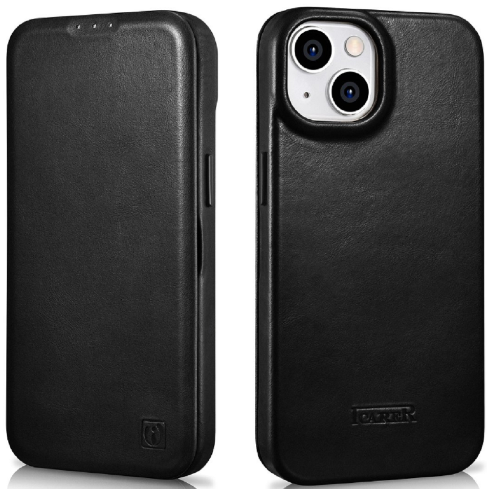 iCarer Curved Edge Oil Wax Leather Folio - Δερμάτινη MagSafe Flip Θήκη-Πορτοφόλι - Apple iPhone 14 - Black (AKI14220705-BK)