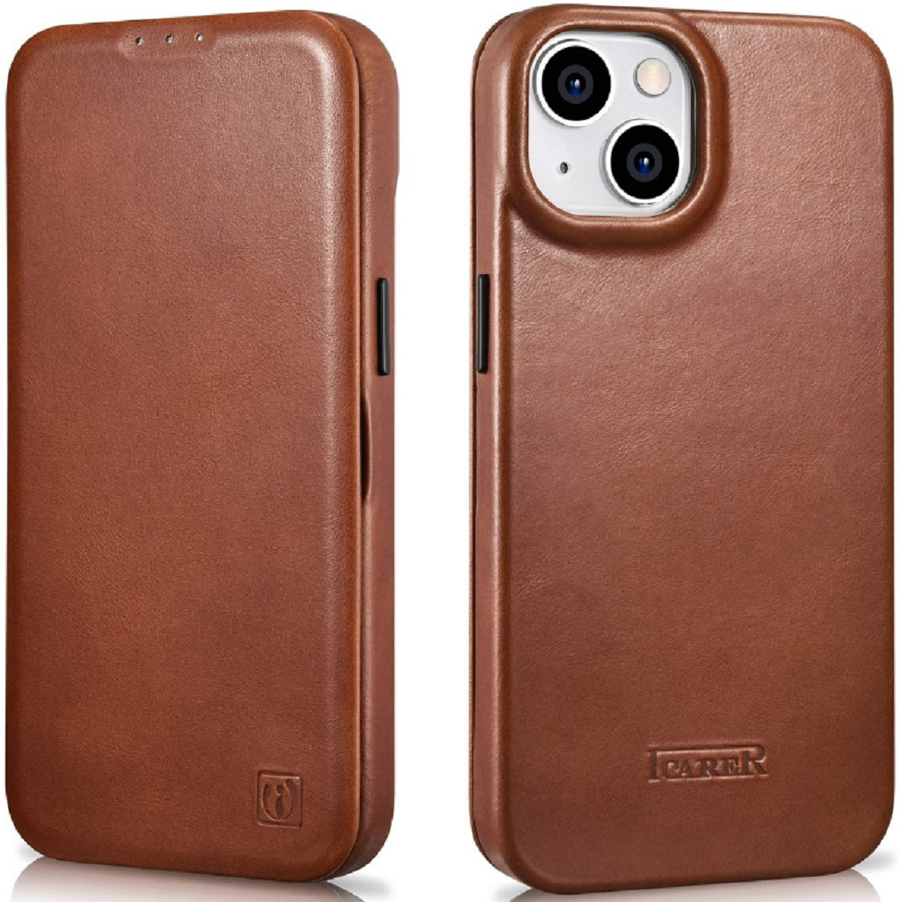 iCarer Curved Edge Oil Wax Leather Folio - Δερμάτινη MagSafe Flip Θήκη-Πορτοφόλι - Apple iPhone 14 - Brown (AKI14220705-BN)