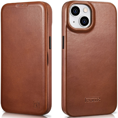 iCarer Curved Edge Oil Wax Leather Folio - Δερμάτινη MagSafe Flip Θήκη-Πορτοφόλι - Apple iPhone 14 - Brown (AKI14220705-BN)