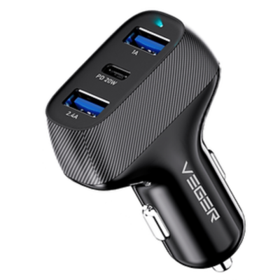 Veger CC271 Triple Port Fast Car Charger - Γρήγορος Φορτιστής Αυτοκινήτου με 2 x USB-A / 1 x Type-C - 37W - Black (6970453555430)