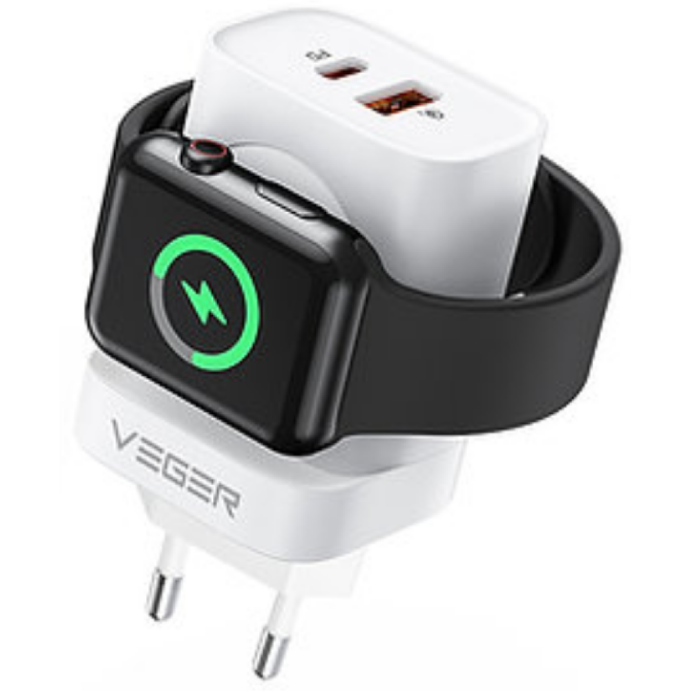 Veger Panel PD Multifunctional Wall Charger / Fast Adapter - 3 σε 1 Πολυλειτουργικός Ταχυφορτιστής Τοίχου / Φορτιστής Apple Watch / Αντάπτορας Με 1x Type-C / 1 x USB-A - 20W - White (W002E)
