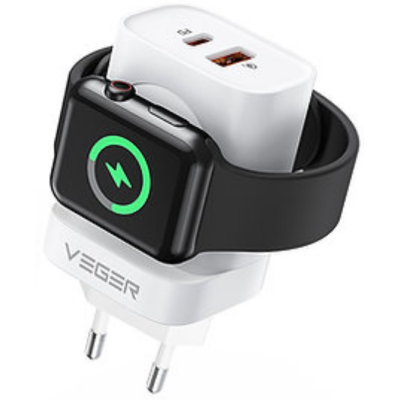 Veger Panel PD Multifunctional Wall Charger / Fast Adapter - 3 σε 1 Πολυλειτουργικός Ταχυφορτιστής Τοίχου / Φορτιστής Apple Watch / Αντάπτορας Με 1x Type-C / 1 x USB-A - 20W - White (W002E)