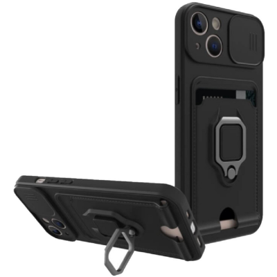 Bodycell Multifunction - Ανθεκτική Θήκη Apple iPhone 14 με Λουράκι Λαιμού / Κάλυμμα Κάμερας / Ring Holder / Υποδοχή Κάρτας - Black (5206015016301)