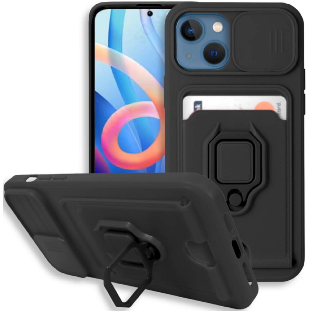 Bodycell Multifunction - Ανθεκτική Θήκη Apple iPhone 13 με Λουράκι Λαιμού / Κάλυμμα Κάμερας / Ring Holder / Υποδοχή Κάρτας - Black (5206015004667)