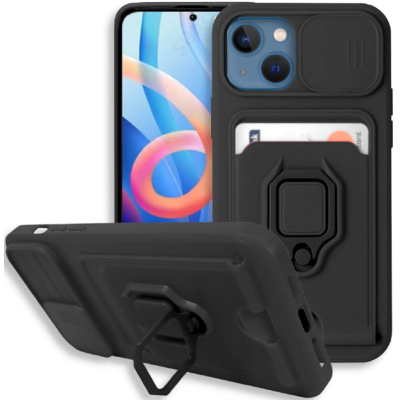 Bodycell Multifunction - Ανθεκτική Θήκη Apple iPhone 13 με Λουράκι Λαιμού / Κάλυμμα Κάμερας / Ring Holder / Υποδοχή Κάρτας - Black (5206015004667)