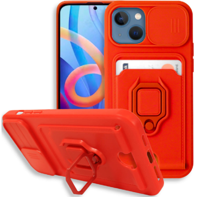 Bodycell Multifunction - Ανθεκτική Θήκη Apple iPhone 13 με Λουράκι Λαιμού / Κάλυμμα Κάμερας / Ring Holder / Υποδοχή Κάρτας - Red (5206015004711)