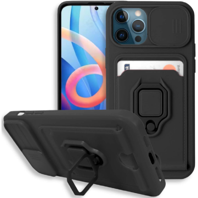 Bodycell Multifunction - Ανθεκτική Θήκη Apple iPhone 12 / 12 Pro με Λουράκι Λαιμού / Κάλυμμα Κάμερας / Ring Holder / Υποδοχή Κάρτας - Black (5206015004179)