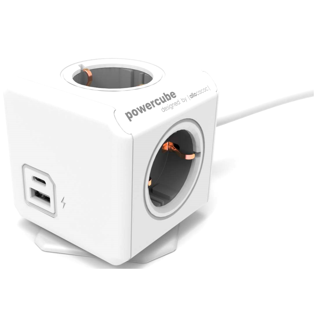Allocacoc PowerCube Extended USB A + C - Πολύπριζο με 4 Υποδοχές 3680W & Καλώδιο 150cm - 1 x USB-A / 1 x Type-C - 2.4A - Trolley Grey - 2 Έτη Εγγύηση (10435/DEEUAC)