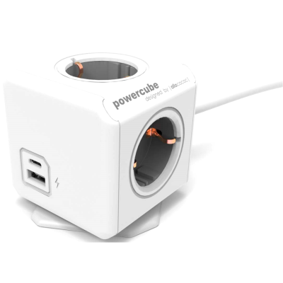 Allocacoc PowerCube Extended USB A + C - Πολύπριζο με 4 Υποδοχές 3680W & Καλώδιο 150cm - 1 x USB-A / 1 x Type-C - 2.4A - Trolley Grey - 2 Έτη Εγγύηση (10435/DEEUAC)