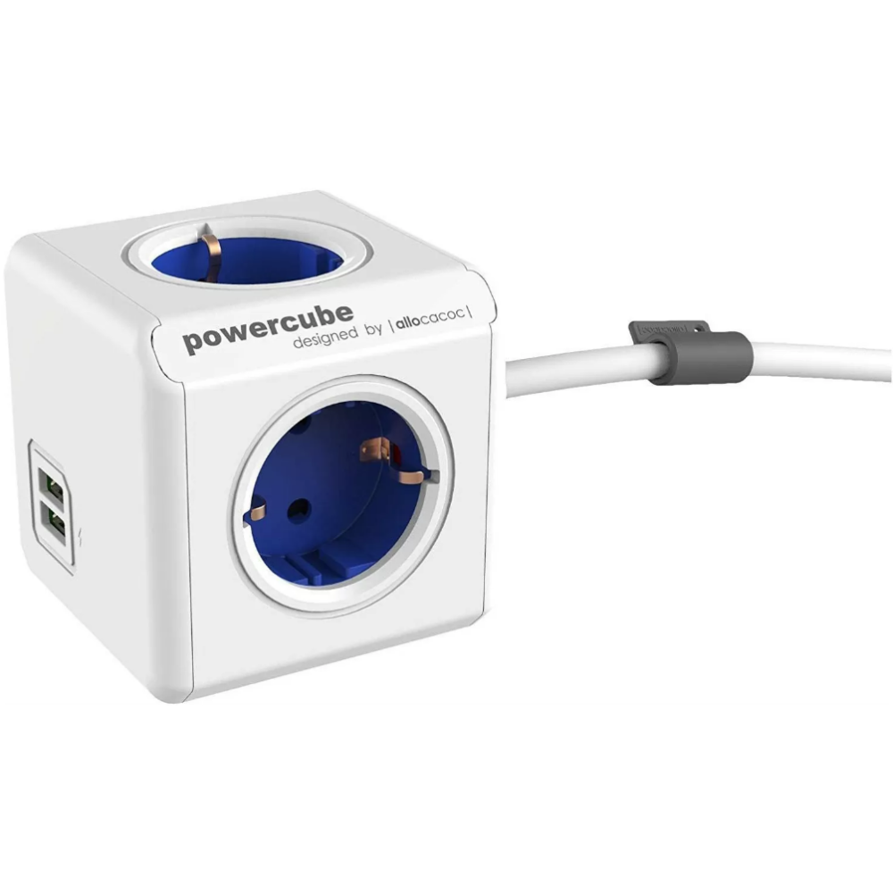 Allocacoc PowerCube Extended USB - Πολύπριζο με 4 Υποδοχές 3680W & Καλώδιο 150cm - 2 x USB-A - 10.5W - Cobalt Blue - 2 Έτη Εγγύηση (1406BL/DEEUPC)