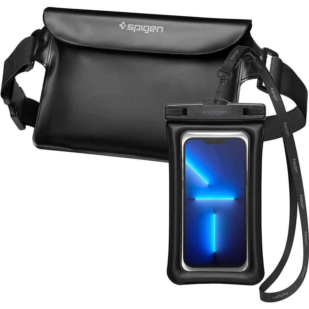 Spigen A621 Aqua Shield Waterproof Floating Bag & Pouch Bag Set - Σετ Universal Αδιάβροχη Τσάντα Μέσης 20 x 12 cm & Αδιάβροχη Θήκη για Κινητά έως 6.8'' - IPX8 - Black (AMP04533)