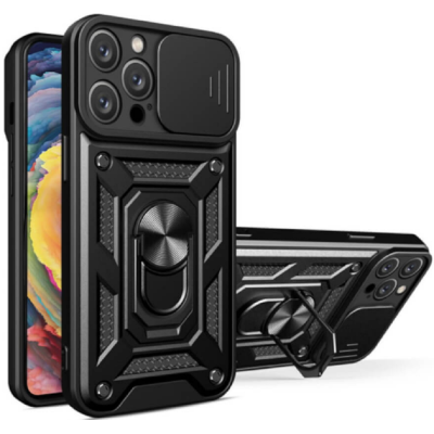 Bodycell Armor Slide - Ανθεκτική Θήκη Apple iPhone 14 Pro Max με Κάλυμμα για την Κάμερα & Μεταλλικό Ring Holder - Black (5206015013928)