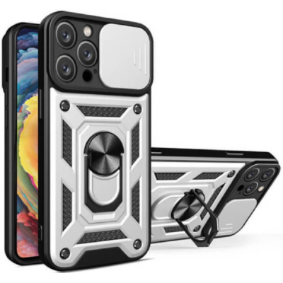 Bodycell Armor Slide - Ανθεκτική Θήκη Apple iPhone 14 Pro Max με Κάλυμμα για την Κάμερα & Μεταλλικό Ring Holder - Silver (5206015018985)