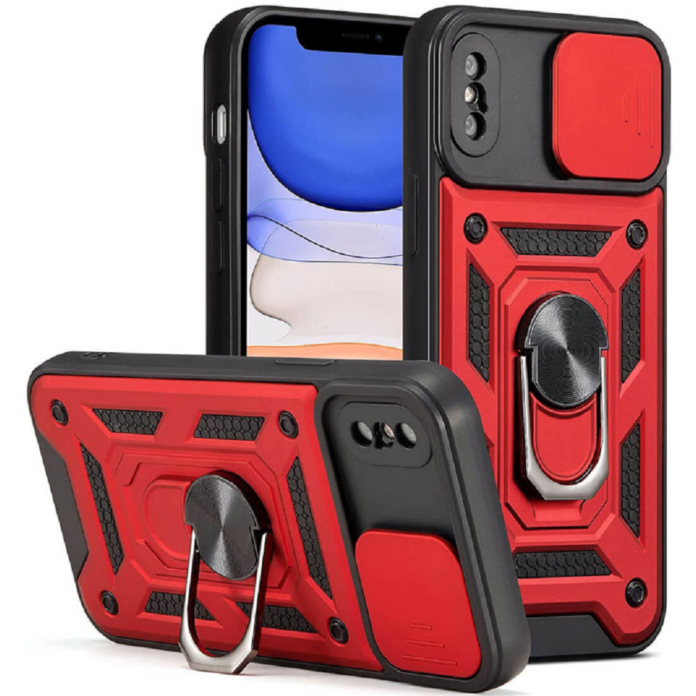 Bodycell Armor Slide - Ανθεκτική Θήκη Apple iPhone X / XS με Κάλυμμα για την Κάμερα & Μεταλλικό Ring Holder - Red (5206015014031)
