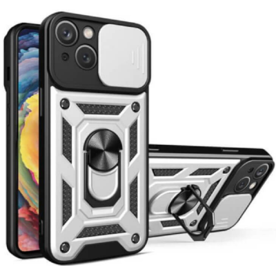 Bodycell Armor Slide - Ανθεκτική Θήκη Apple iPhone 14 Plus με Κάλυμμα για την Κάμερα & Μεταλλικό Ring Holder - Silver (5206015018978)