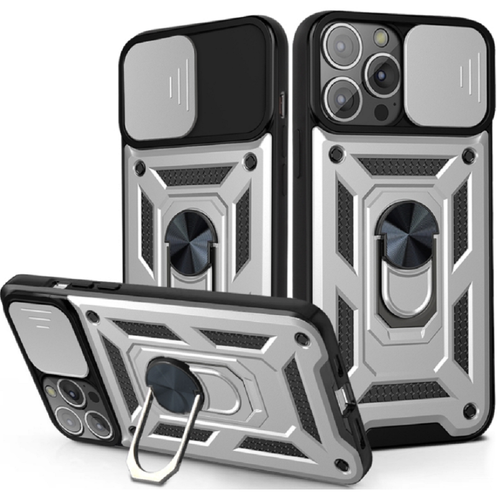 Bodycell Armor Slide - Ανθεκτική Θήκη Apple iPhone 13 Pro με Κάλυμμα για την Κάμερα & Μεταλλικό Ring Holder - Silver (5206015013829)