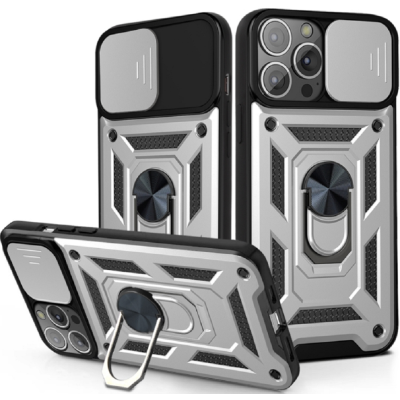 Bodycell Armor Slide - Ανθεκτική Θήκη Apple iPhone 13 Pro με Κάλυμμα για την Κάμερα & Μεταλλικό Ring Holder - Silver (5206015013829)